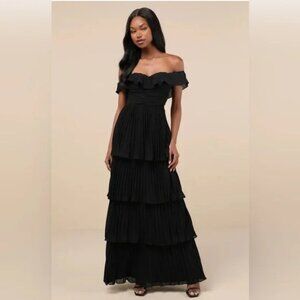 Lulu's Always Remarkable Navy Pleated Off-the-Shoulder Maxi Dress Large NWT